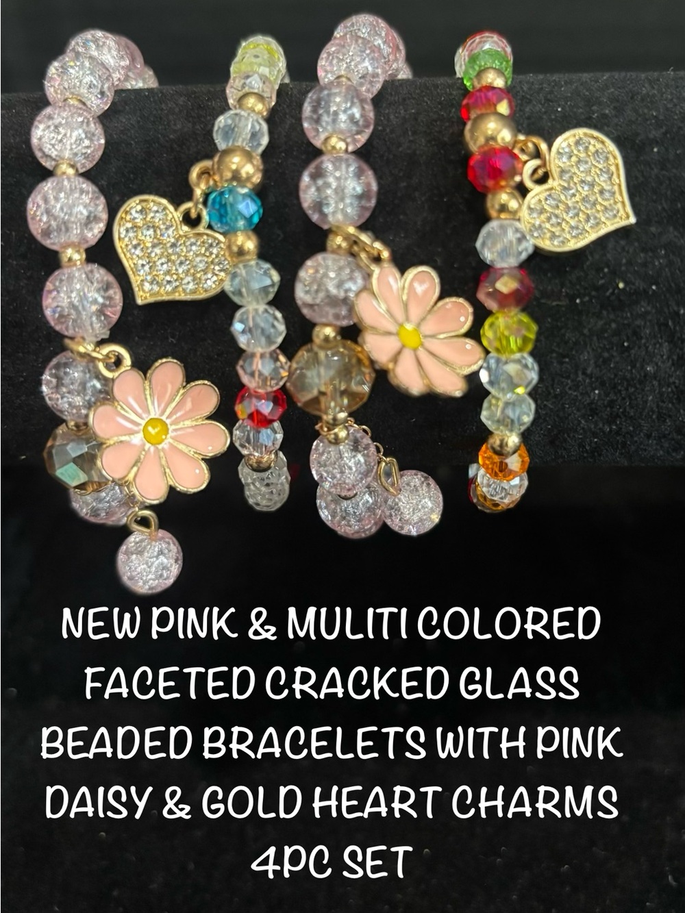 New Pink & Multicolor Beaded Bracelet with Daisy Gold Heart Charms 4pc Set